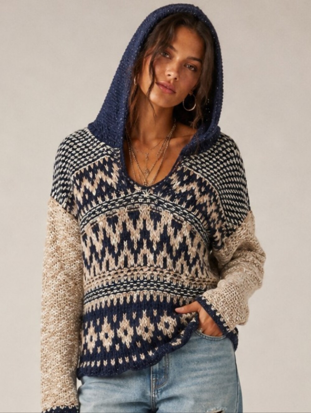 Free People Fair Isle Hooded Knit Chunky Sweater Large EUC